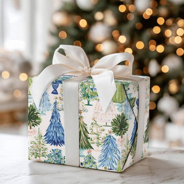 Blue Green Holiday Gift Wrap, Watercolor Christmas Tree Wrapping Paper, Festive Trees Wrapping Paper, Winter Woodland Forest 