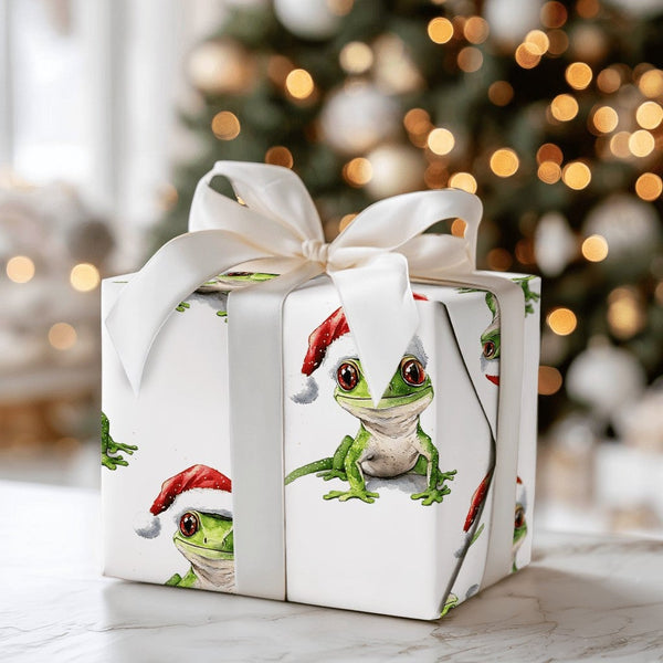 Santa Hat Lizard Gift Wrap Roll, Green Gecko Christmas Wrapping Paper, Adorable Reptile Holiday Wrapping Paper, Animal Lover 
