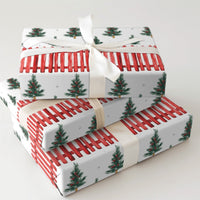 Red Picket Fence Holiday Gift Wrap, Tree Farm Christmas Wrapping Paper, Rustic Farmhouse Wrapping Paper, Winter Forest Present Paper Roll