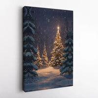 Snowy Winter Forest Print, Christmas Tree Canvas Wall Art, Glowing Lights Holiday Landscape Wall Art, Xmas Digital Download Printable Poster