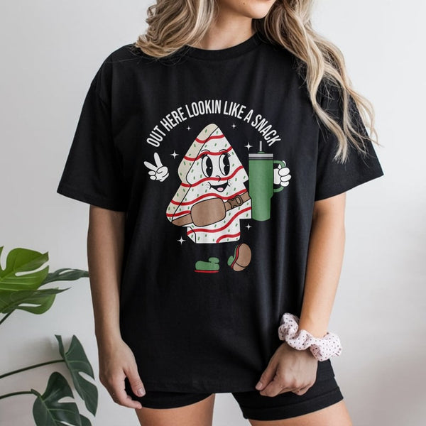 Out Here Lookin Like A Snack Shirt, Christmas Tree Cake T-Shirt, Humorous Holiday Snack Graphic Tee, Retro Christmas Tree Cak