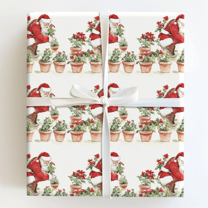 Poinsettia Botanical Gift Wrap Paper, Gardening Santa Christmas Wrapping Paper, Plant Lover Holiday Present Wrap, Xmas Wrapping Paper