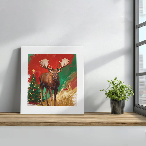 Painterly Winter Moose Canvas Print, Christmas Moose Square Canvas, Rustic Holiday Tree Canvas Wall Art, Nature Lover Christm