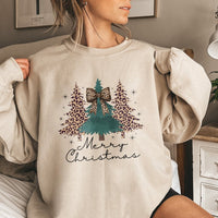 Coquette Bow Xmas Sweatshirt, Leopard Print Christmas Tree Sweatshirt, Adorable Holiday Tree Crewneck, Merry Christmas Sweater, Present for Women