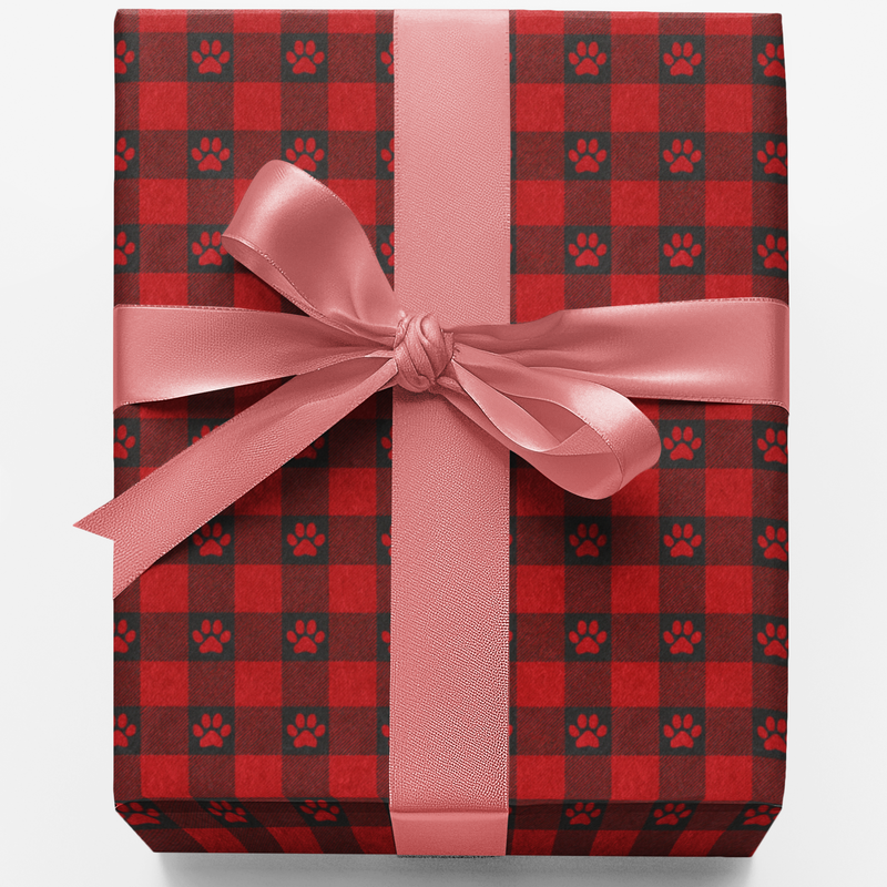 Buffalo Check Holiday Wrapping Paper, Paw Print Plaid Gift Wrap Paper, Dog Lover Christmas Gift Wrap, Festive Puppy Plaid Wrapping Roll