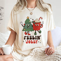 Retro Holiday Tree and Cocoa Graphic Tee, Feelin' Jolly Christmas T-Shirt, Vintage Xmas Party Shirt, Adorable Winter Apparel for Women