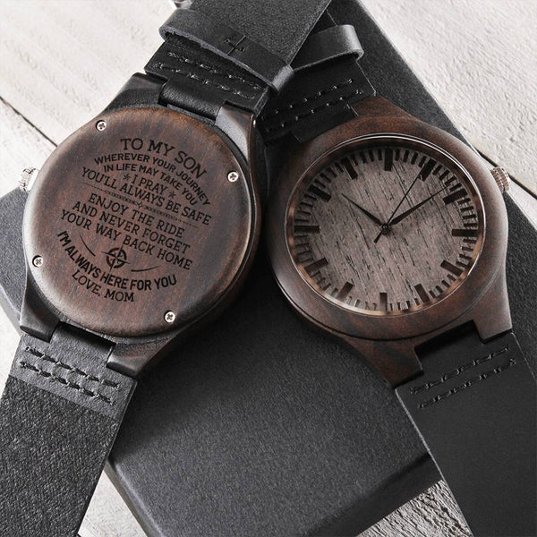 Sandalwood Mens Watch with Leather Band, To My Son Engraved Wooden Watch, Japanese Quartz Timepiece, Christmas Birthday Prese