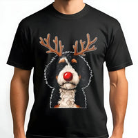 Reindeer Antlers Puppy Dog Graphic Tee, Bernedoodle Christmas T-Shirt, Doodle Pet Holiday Shirt, Adorable Dog Mom Winter Season Graphic Top