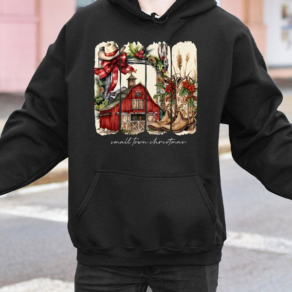 Western Country Barn Graphic Hooded Sweatshirt, Small Town Christmas Hoodie, Rustic Farmhouse Holiday Pullover, Cowgirl Winte