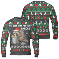 Here for the Snacks Holiday Sweater, Raccoon Christmas Sweatshirt, Humorous Animal Ugly Xmas Crewneck, Adorable Wildlife Pullover, Animal Present