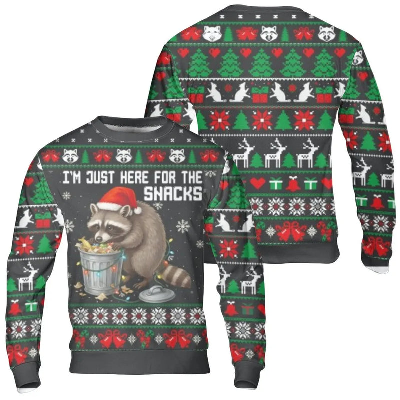 Here for the Snacks Holiday Sweater, Raccoon Christmas Sweatshirt, Humorous Animal Ugly Xmas Crewneck, Adorable Wildlife Pullover, Animal Present