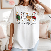 Humorous Christmas Goose Graphic Tee, Just A Jolly Goose T-Shirt, Adorable Holiday Duck Shirt, Vintage Animal Festive Winter Present Tee