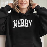Retro Varsity Text Distressed Hooded Sweatshirt, Merry Christmas Hoodie, Comfy Winter Holiday Pullover, Festive Christmas Present for Women