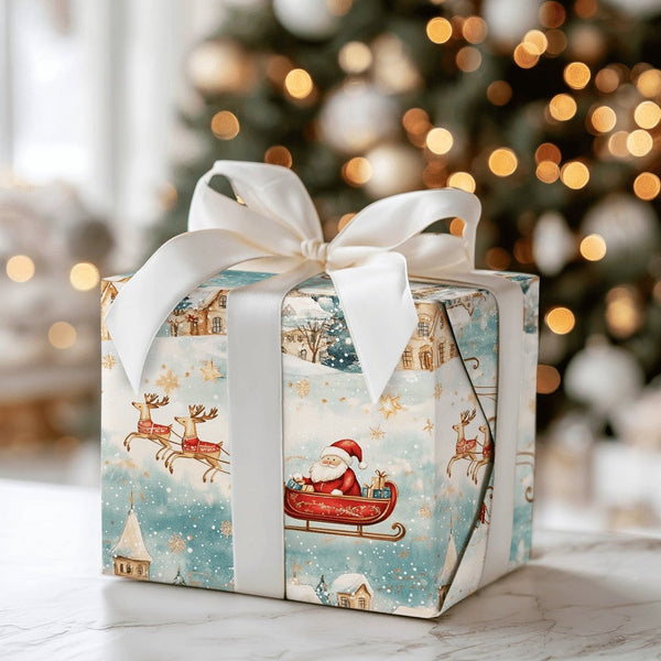 Vintage Snowy Village Gift Wrap, Santa Sleigh Christmas Wrapping Paper, Watercolor Reindeer Holiday Gift Wrapping Paper, Wint