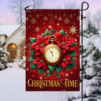 Poinsettia Clock Christmas Flag, Most Wonderful Time of the Year Garden Flag, Double Sided Holiday Garden Flag, Festive Lawn Yard Decor