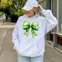 Coquette Bow with Holiday Lights Hooded Sweatshirt, Fuzzy Green Bow Christmas Hoodie, Preppy Christmas Pullover, Adorable Xmas Present for Her