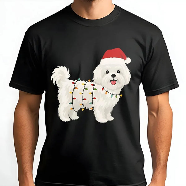 Santa Hat and Xmas Lights Graphic Tee, Maltese Dog Christmas T-Shirt, Adorable Puppy Holiday Pet Lover Shirt, Festive Dog Own