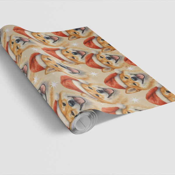 Santa Hat Dog Holiday Gift Wrap, Shiba Inu Christmas Wrapping Paper, Festive Puppy Wrapping Paper, Adorable Dog Lover Christm
