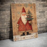 Vintage Christmas Tree Canvas, Rustic Santa Claus Canvas Art, Farmhouse Santa Wall Decor, Holiday Canvas Print, Christmas Home Present
