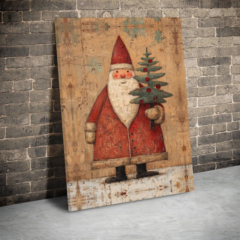 Vintage Christmas Tree Canvas, Rustic Santa Claus Canvas Art, Farmhouse Santa Wall Decor, Holiday Canvas Print, Christmas Home Present