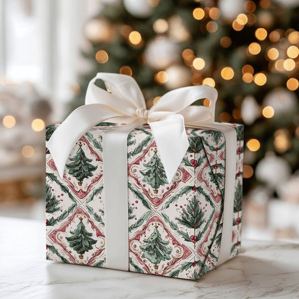 Watercolor Holly Tile Gift Wrap, Vintage Christmas Tree Wrapping Paper, Elegant Botanical Holiday Wrapping Paper, Classic Win