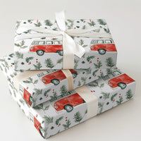 Retro Camper Van Gift Wrap, Vintage Red Camper Wrapping Paper, Christmas Camper Holiday Paper Roll, Winter Greenery Gift Wrapping Paper