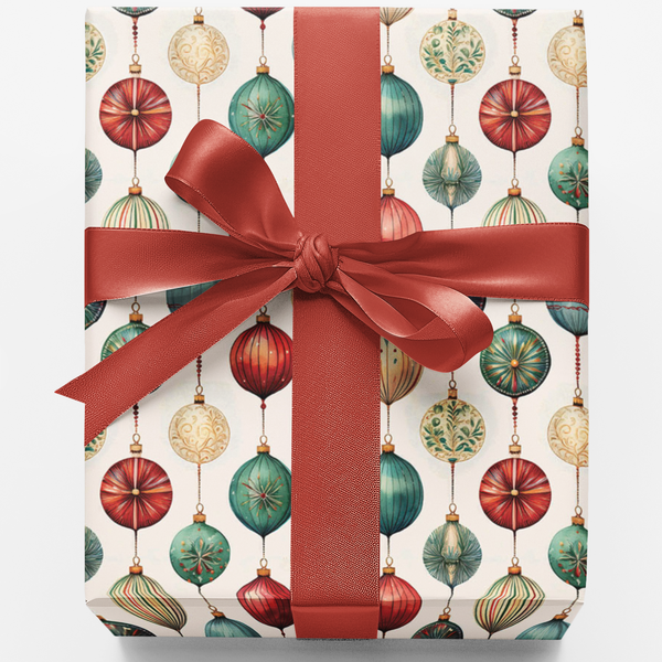 Festive Bauble Holiday Gift Wrap, Vintage Christmas Ornament Wrapping Paper, Retro Xmas Tree Present Paper, Elegant Holiday W