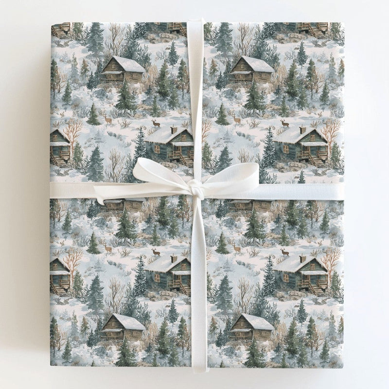 Rustic Deer Forest Gift Wrap, Winter Cabin Christmas Wrapping Paper, Watercolor Woodland Snow Scene Wrapping Paper, Holiday Gift Wrap