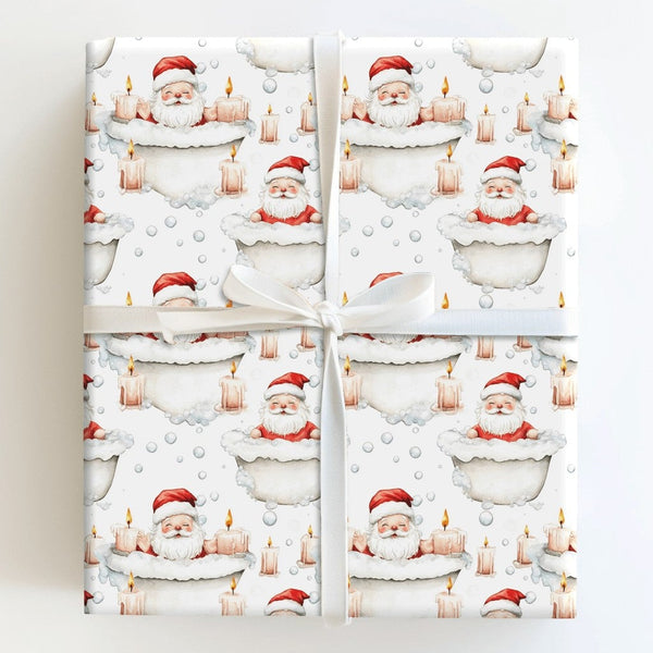 Spa Day Christmas Gift Wrap, Bubble Bath Santa Wrapping Paper, Humorous Bathtub Santa Present Paper, Whimsical Holiday Gift W