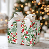 Winter Greenery Pine Needle Gift Wrap, Watercolor Red Berry Wrapping Paper, Botanical Christmas Wrapping Paper, Holiday Present Wrap Roll