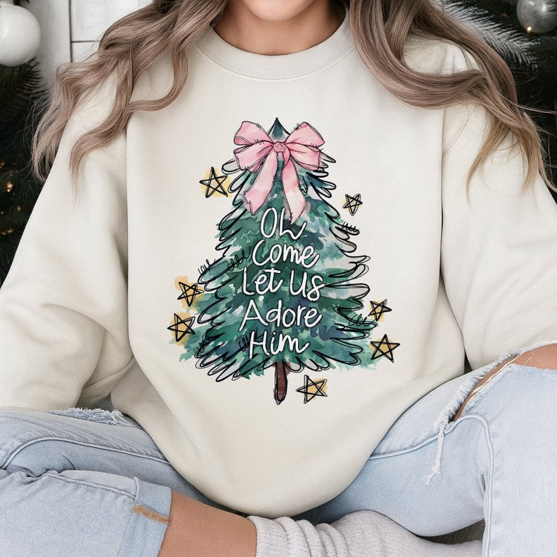Coquette Christmas Tree Crewneck, Oh Come Let Us Adore Him Sweatshirt, Christian Christmas Sweatshirt, Religious Holiday Apparel