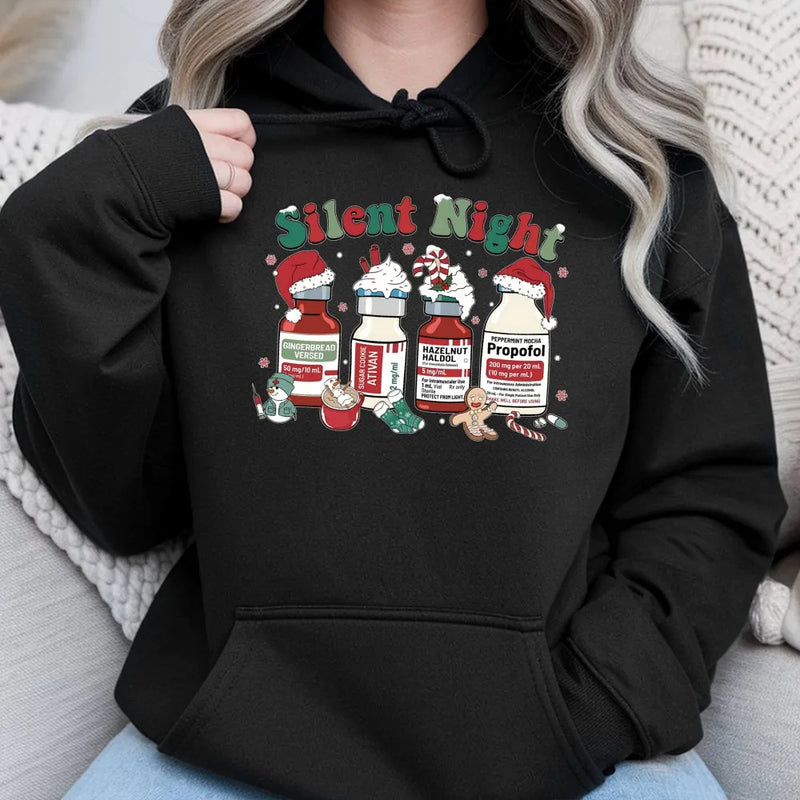 Humorous Medical Christmas Sweatshirt, Silent Night Nurse Hoodie, Adorable ICU Nurse Holiday Hoodie, Healthcare Worker Hooded Pullover, Xmas Present