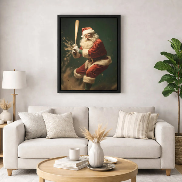 Action Sports Holiday Canvas, Santa Claus Baseball Canvas Print, Christmas Baseball Wall Art, Humorous Santa Sports Fan Canva