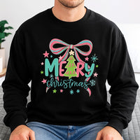 Neon Christmas Tree Sweater, Merry Christmas Sweatshirt, Bright Holiday Bow Crewneck, Festive Xmas Pullover, Retro Christmas Sweatshirt