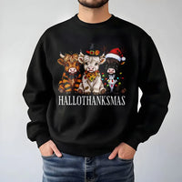 Adorable Holiday Crewneck, Highland Cow Christmas Sweatshirt, Festive Hallothanksmas Sweatshirt, Humorous Winter Pullover, Animal Lover Xmas Present