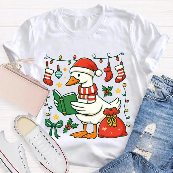 Humorous Holiday Bookworm Goose Shirt, Christmas Goose Reading Book T-Shirt, Adorable Winter Reading Tee, Book Lover Christma