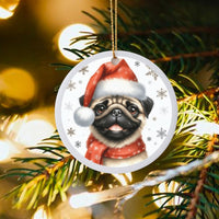 Santa Hat Pug Dog Ornament, Pug Christmas Ornament, Ceramic Pet Holiday Ornament, Adorable Puppy Tree Decor, Dog Lover Christmas Keepsake Present