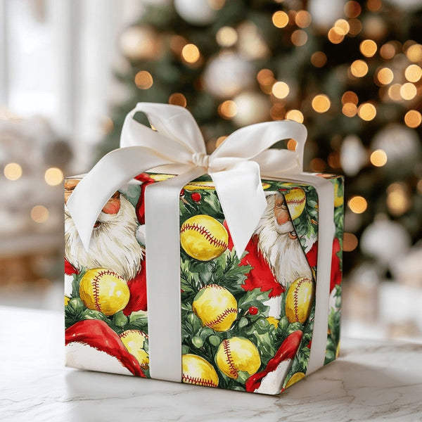 Holiday Sports Gift Wrap Roll, Softball Santa Christmas Wrapping Paper, Fastpitch Softball Present Paper, Athletic Xmas Gift 