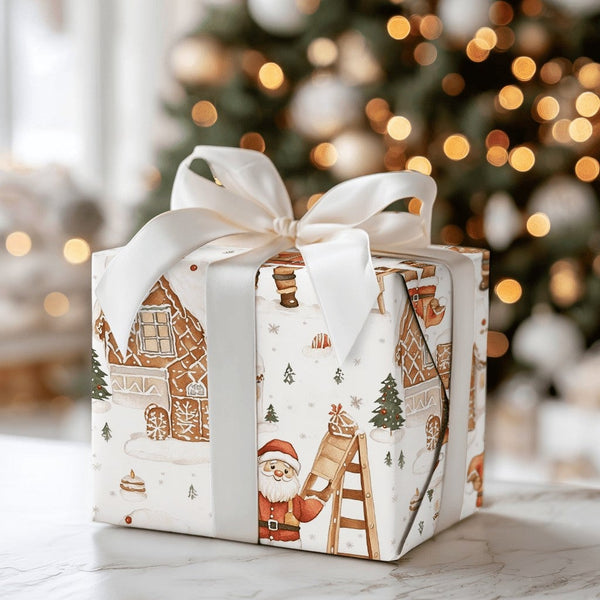 Watercolor Christmas Village Gift Wrap, Gingerbread House Santa Wrapping Paper, Festive Holiday Wrapping Paper, Adorable Xmas