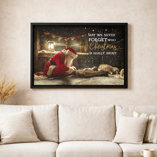 Nativity Scene Religious Christmas Wall Art, Santa Kneeling at Manger Canvas, Christian Holiday Canvas, Digital Download Pres