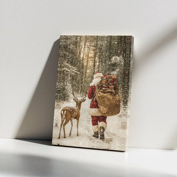 Snowy Forest Christmas Scene Print, Santa and Reindeer Canvas Wall Art, Festive Holiday Farmhouse Decor, Winter Night Santa C