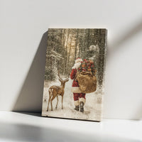 Snowy Forest Christmas Scene Print, Santa and Reindeer Canvas Wall Art, Festive Holiday Farmhouse Decor, Winter Night Santa Canvas Art