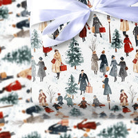 Winter Shoppers Gift Wrap, Watercolor Christmas Wrapping Paper, Snowy Village Holiday Wrapping Paper, Vintage Town Gift Wrap Roll