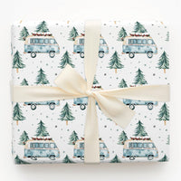 Retro Camper Van Gift Wrap, Vintage Blue Camper Wrapping Paper, Winter Pine Tree Camper Paper Roll, Christmas Travel Gift Wrapping Paper
