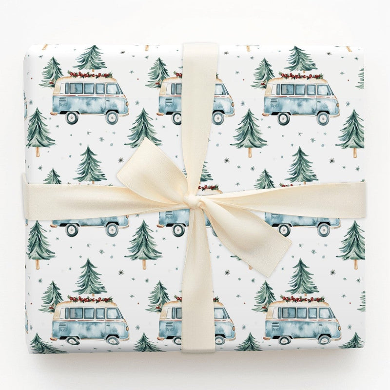 Retro Camper Van Gift Wrap, Vintage Blue Camper Wrapping Paper, Winter Pine Tree Camper Paper Roll, Christmas Travel Gift Wrapping Paper