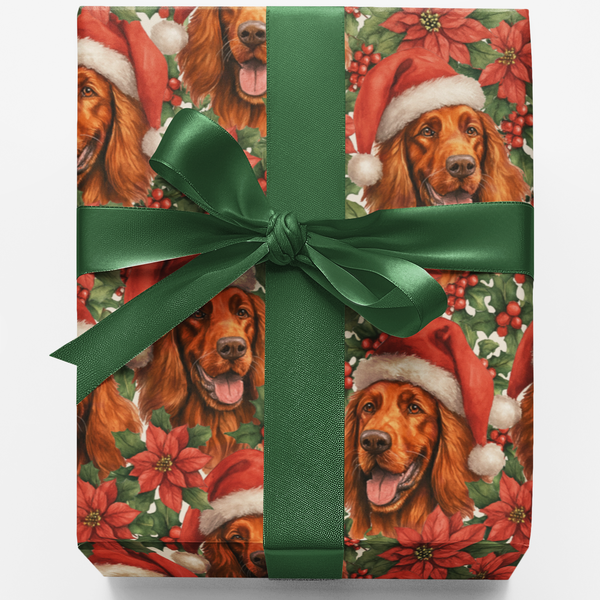 Festive Red Dog Holiday Gift Wrap, Irish Setter Christmas Wrapping Paper, Winter Holly Dog Wrapping Paper Roll, Xmas Dog Love