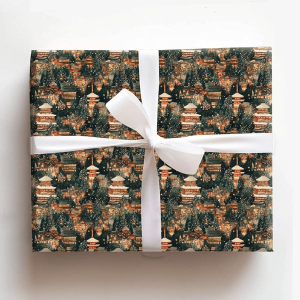 Snowy Pagoda Holiday Gift Wrap, Japanese Winter Village Wrapping Paper, Watercolor Japan Night Wrapping Paper, Asian Christma