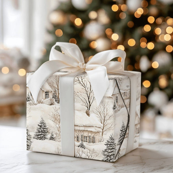 Watercolor Winter Cottage Gift Wrap, Snowy Village Christmas Wrapping Paper, Comfy Scenery Gift Wrapping Paper, Holiday Seaso