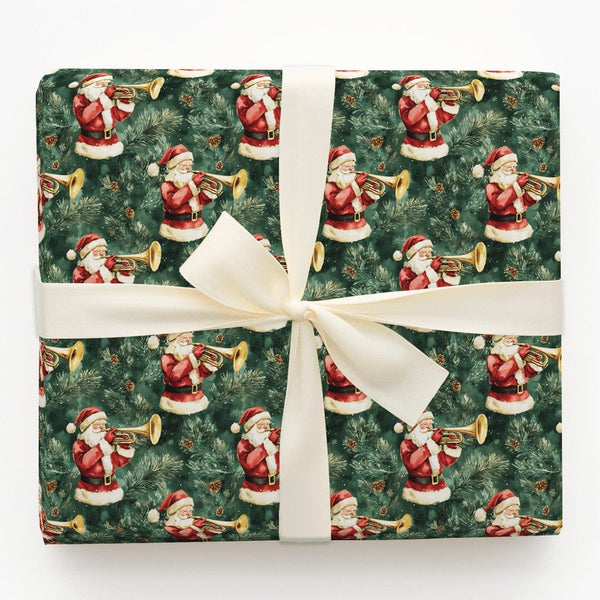 Musical Christmas Gift Wrap, Vintage Santa Trumpet Wrapping Paper, Pine Branch Holiday Present Paper, Dark Green Xmas Gift Wr