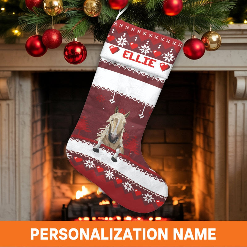 Nordic Pattern Holiday Stocking, Personalized Horse Christmas Stocking, Custom Equestrian Xmas Stocking, Horse Lover Christmas Stocking Present